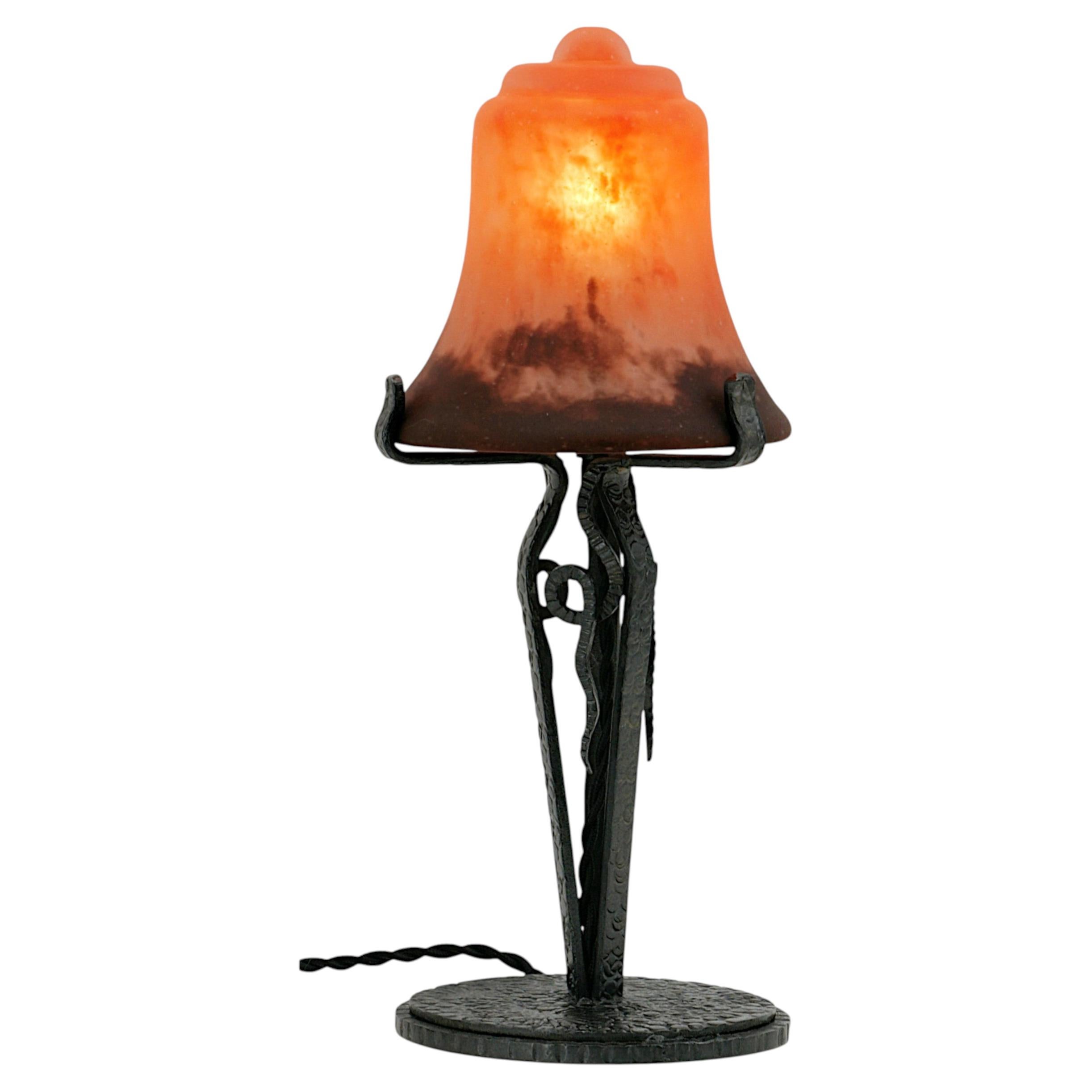Daum French Art Deco Table Lamp, Glass & Wrought Iron, 1920s Design