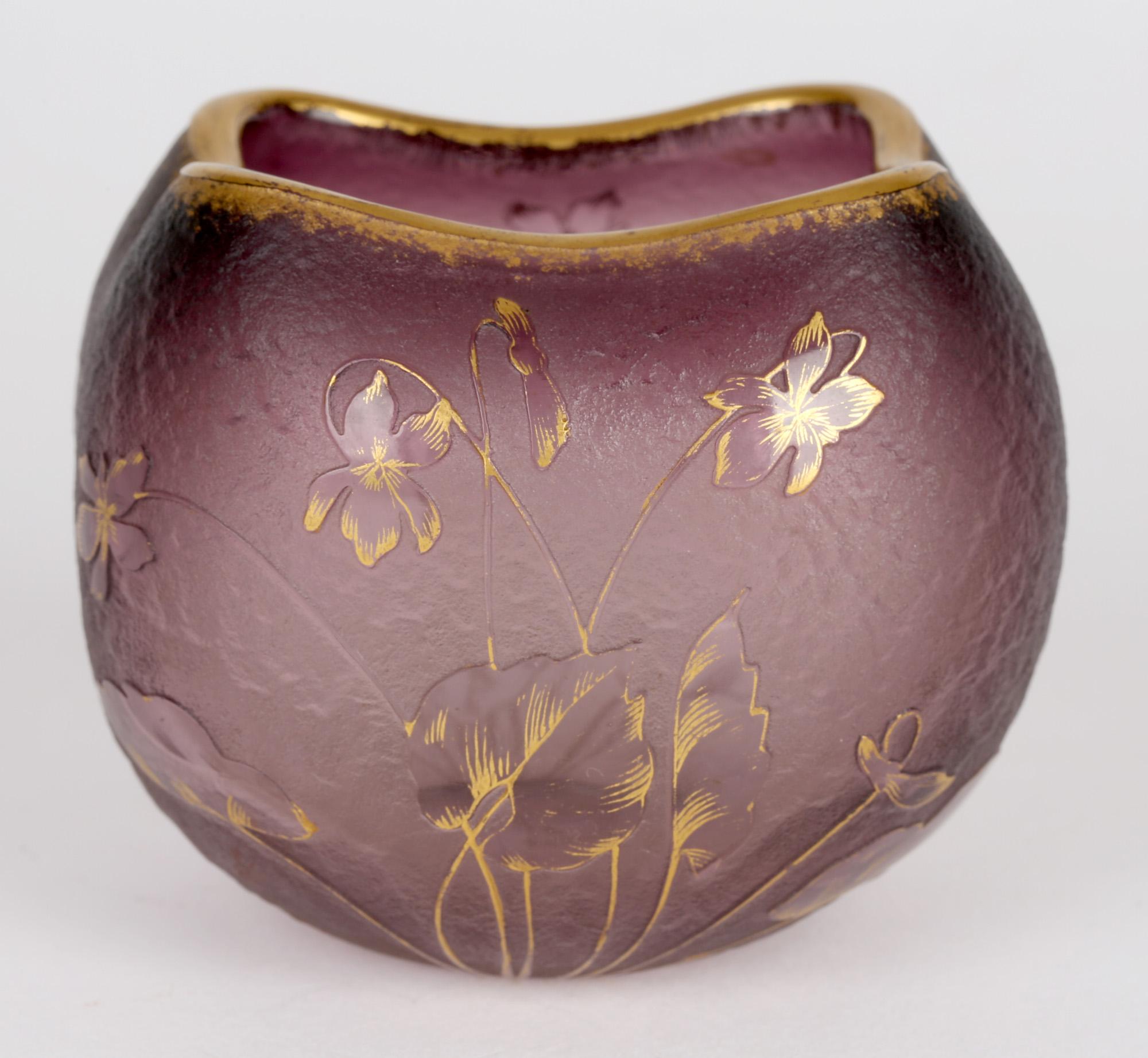 Gilt Daum French Art Nouveau Square Cameo Glass Floral Vase