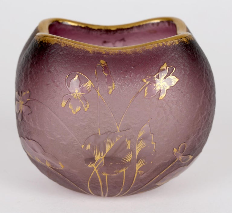 Gilt Daum French Art Nouveau Square Cameo Glass Floral Vase For Sale
