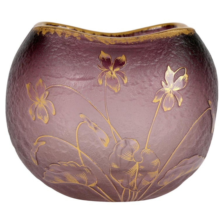 Daum French Art Nouveau Square Cameo Glass Floral Vase For Sale