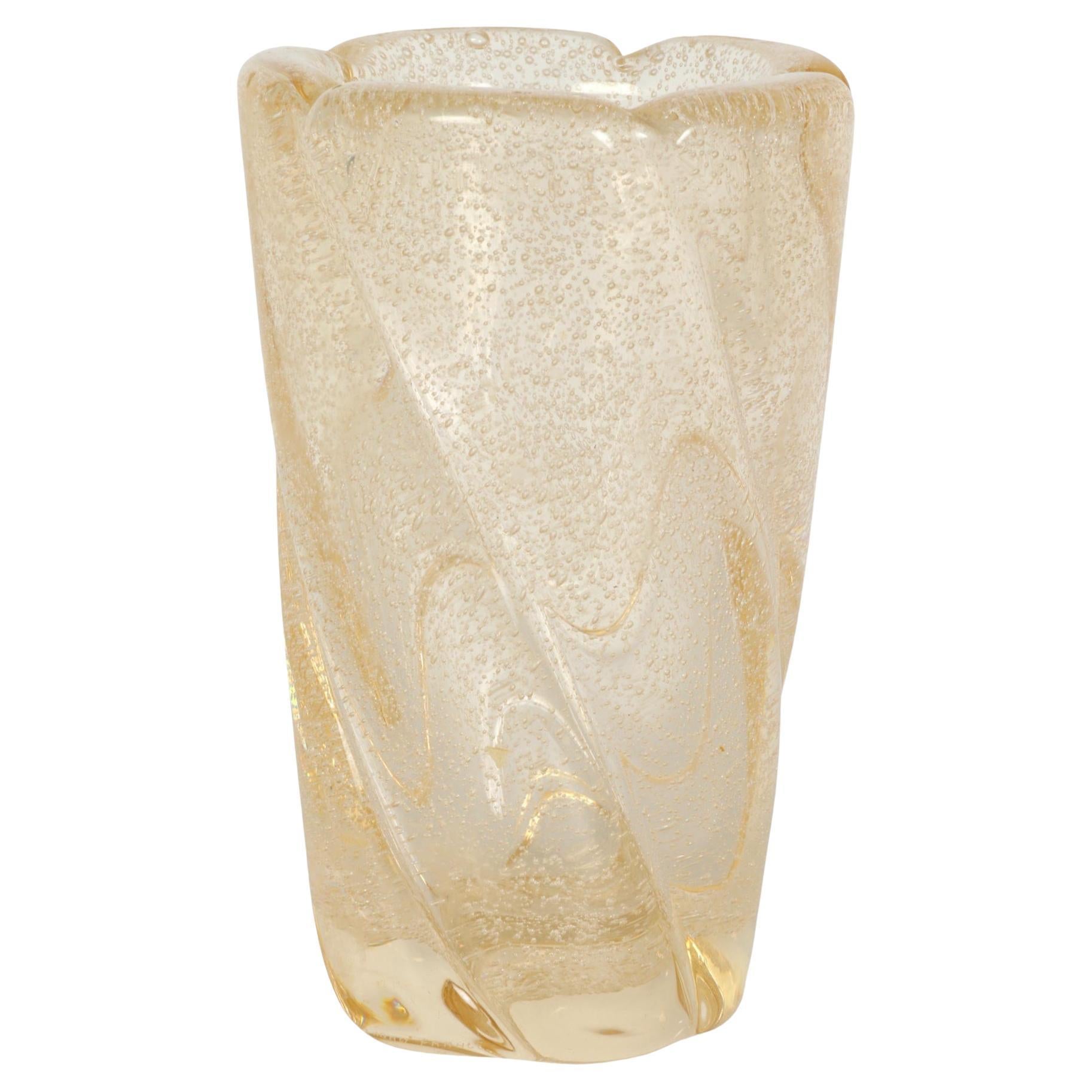 Daum French Crystal Modern Gold Ribbed Bubble Vase For Sale