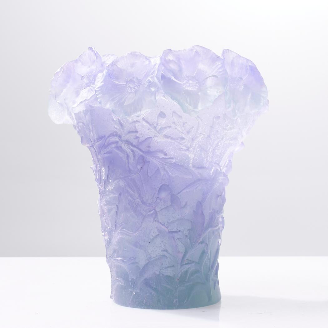 Modern Daum French Pate de Verre Hibiscus Lavender Vase For Sale