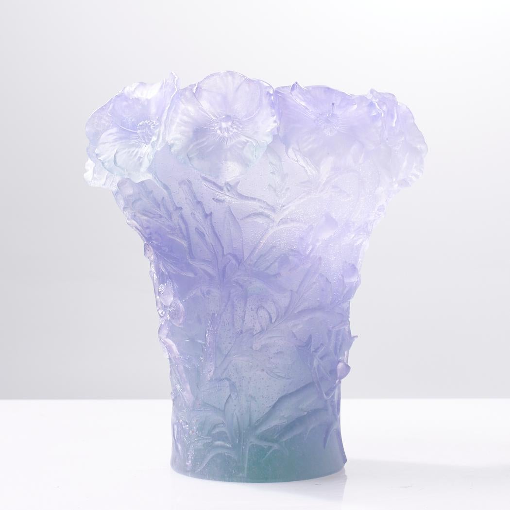 Hand-Crafted Daum French Pate de Verre Hibiscus Lavender Vase For Sale