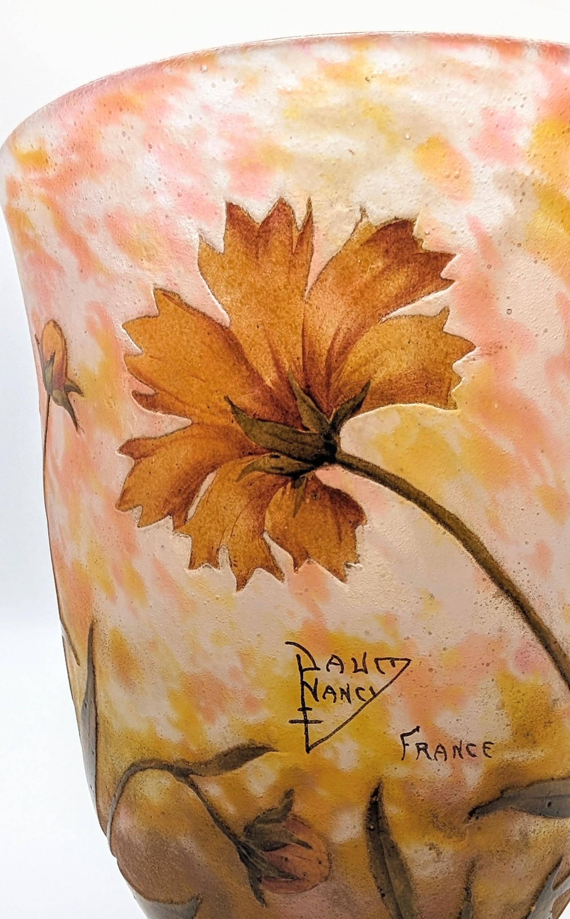 Enameled Daum Frères art nouveau vase with Coreopsis, made in Nancy , ca. 1914 For Sale