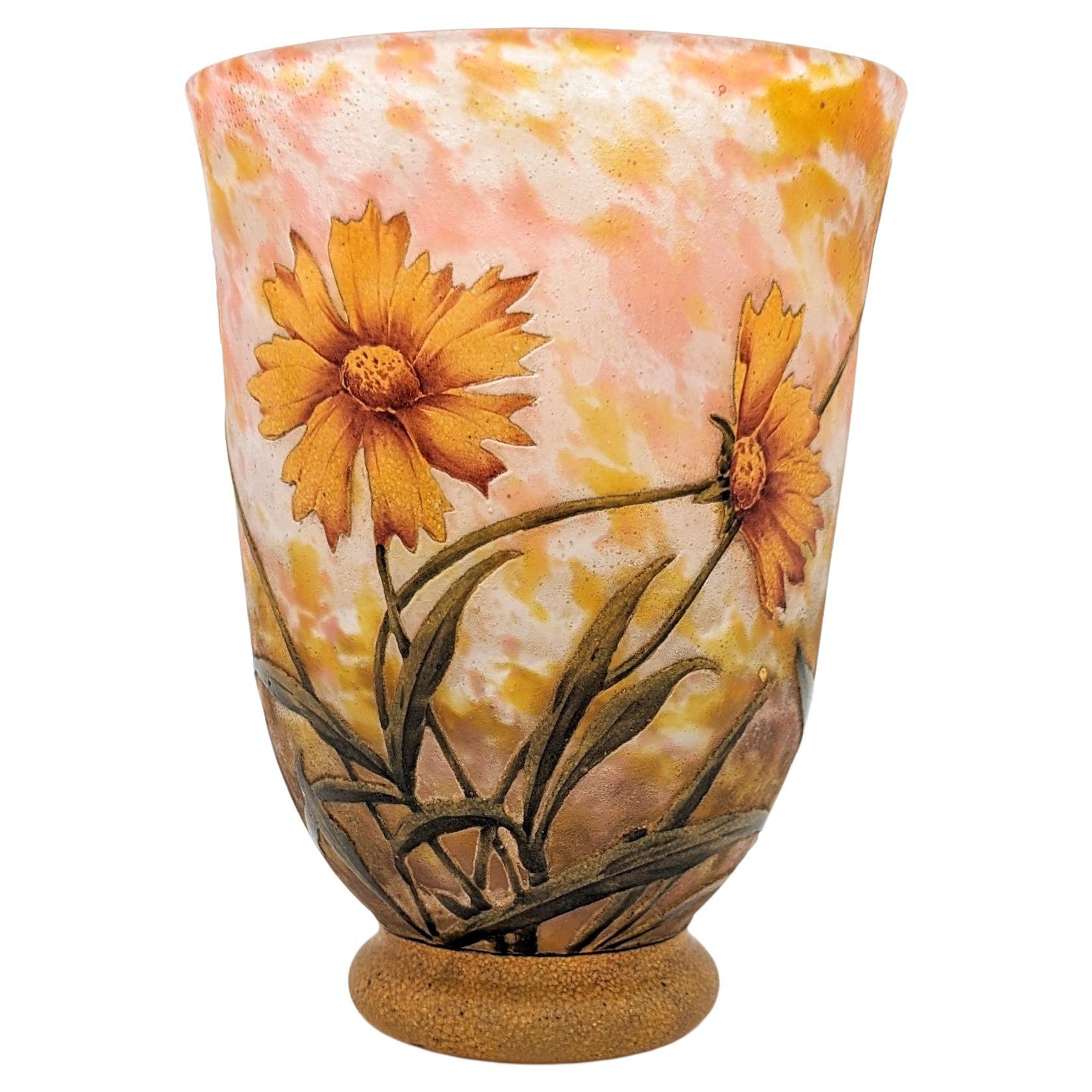 Daum Frères art nouveau vase with Coreopsis, made in Nancy , ca. 1914 For Sale