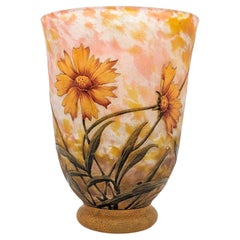 Antique Daum Frères art nouveau vase with Coreopsis, made in Nancy , ca. 1914