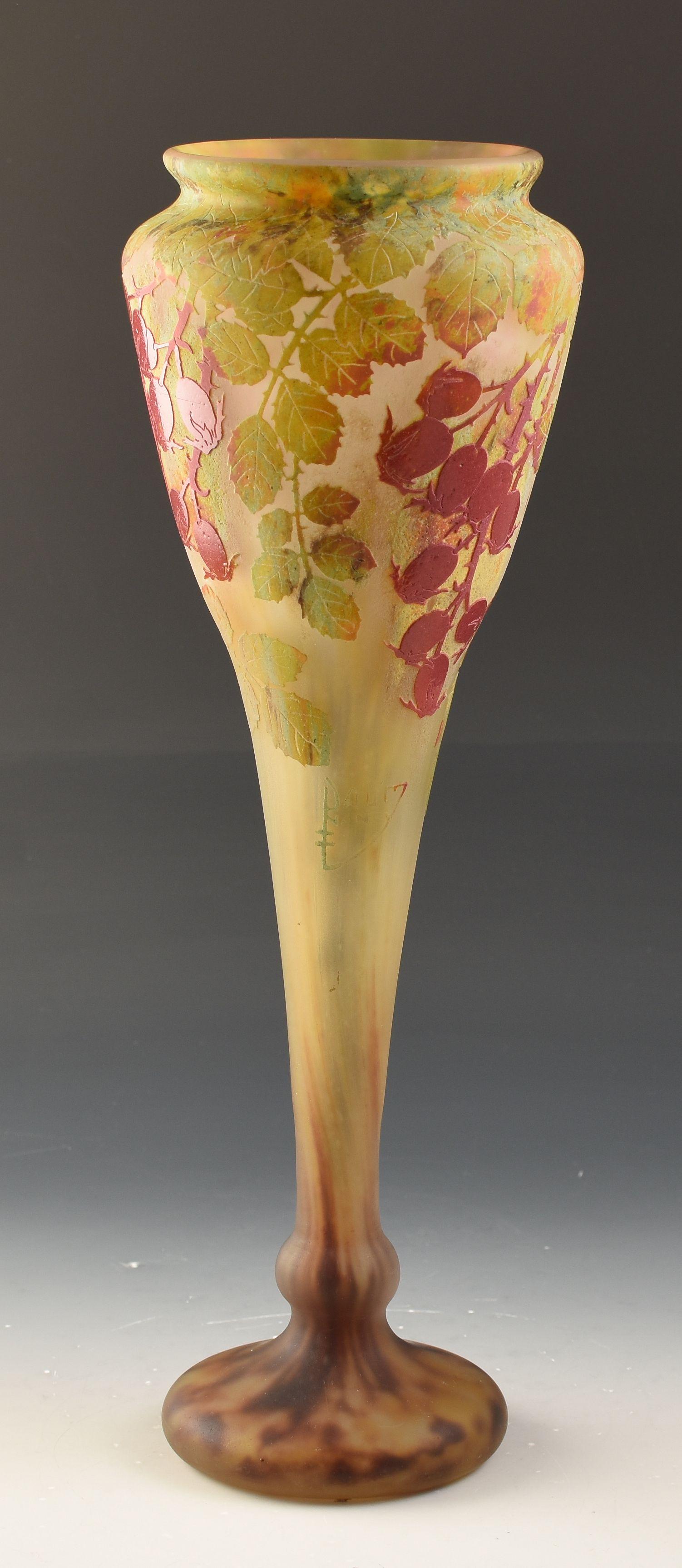 Eine schöne und sehr elegante hohe Kamee-Glasvase von Daum, die auf die Zeit um 1900 datiert wird. Hagebutten sind  perfekt dekoriert, um die Vase und ich kann GARANTIEREN, um im ursprünglichen Zustand sein. Die Vase misst 39 cm x 14 cm und ist auf