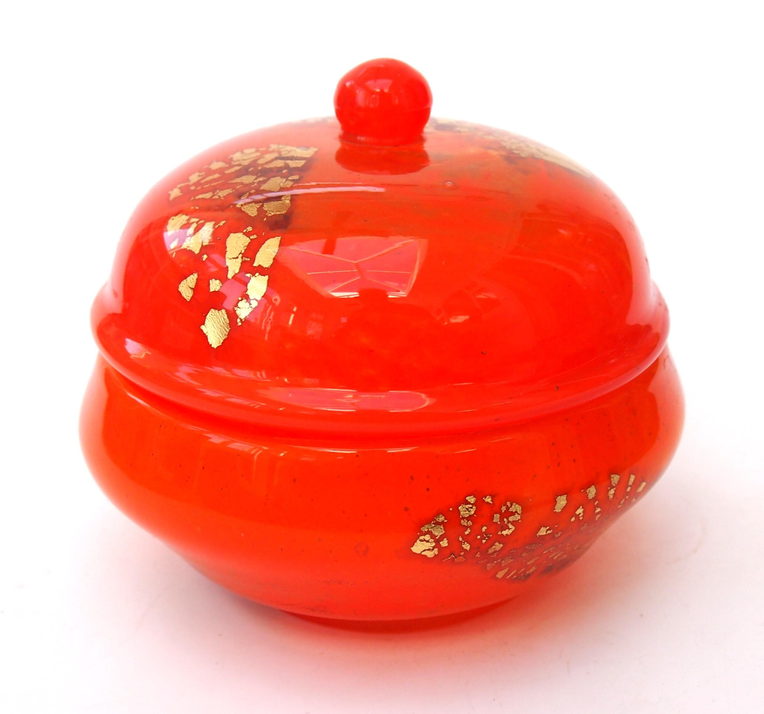 French Daum glass 'Jades' orange box and cover with gold leaf inclusions c1920 -signed For Sale