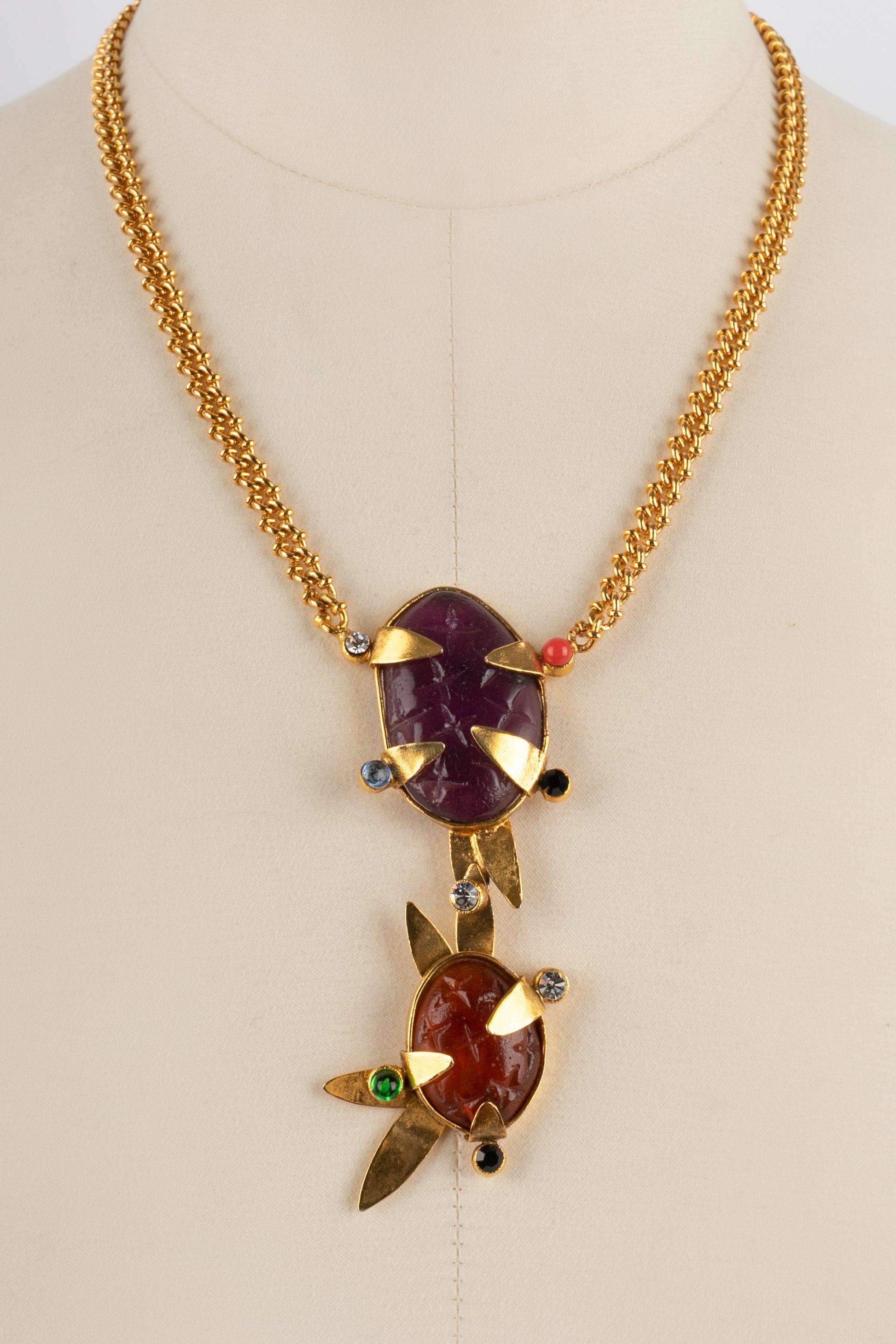 Daum Golden Metal Necklace with Glass Paste and Rhinestones In Excellent Condition For Sale In SAINT-OUEN-SUR-SEINE, FR