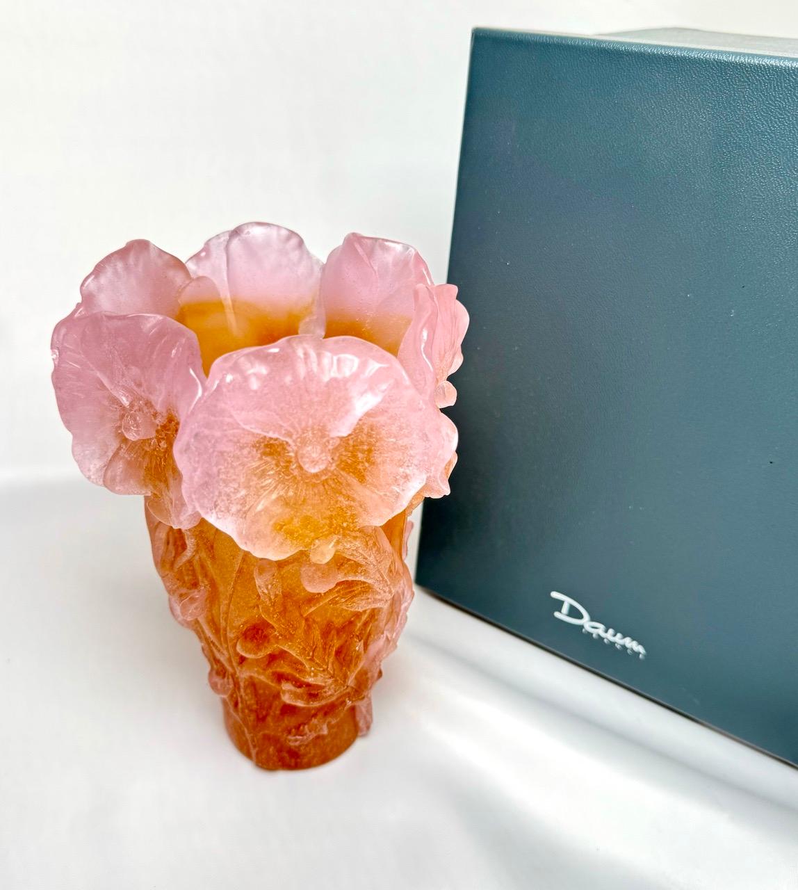 Contemporary Daum Lilac & Pink Hibiscus Vase - Pâte de verre For Sale