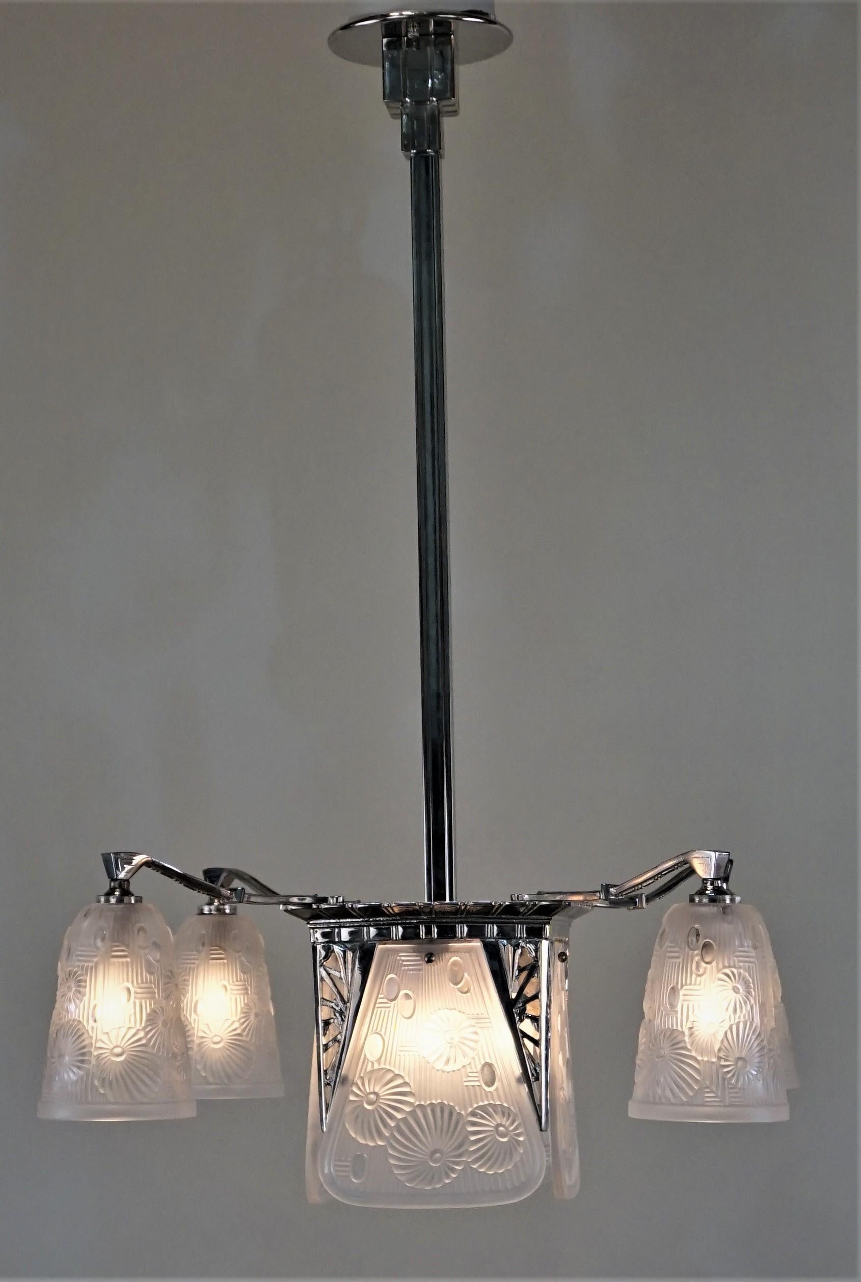 Rare art deco nickel on bronze with clear frost glass chandelier by Daum.