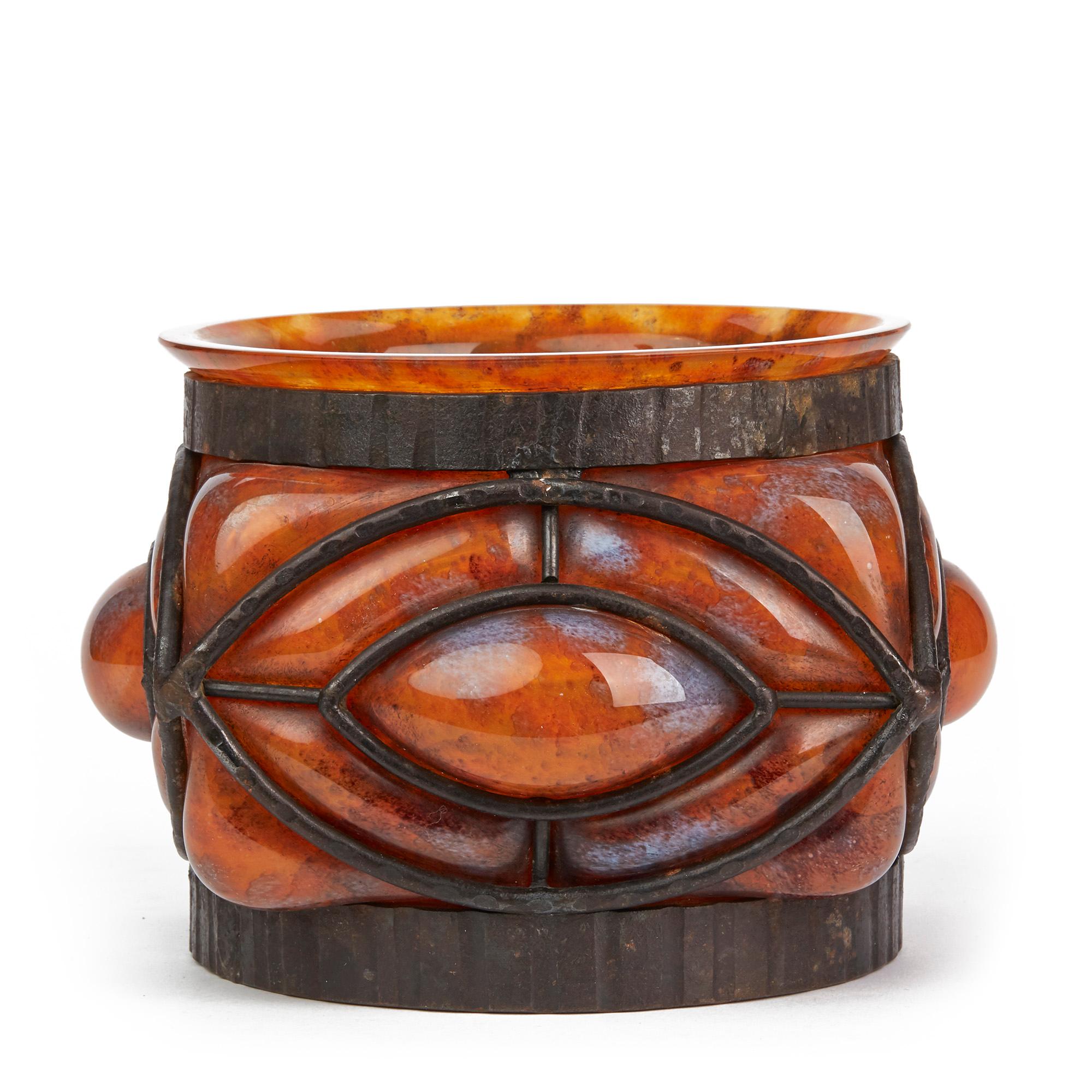 Early 20th Century Daum & Louis Majorelle Early Wrought Iron Mounted Orange Glass Bowl, circa 1910 For Sale
