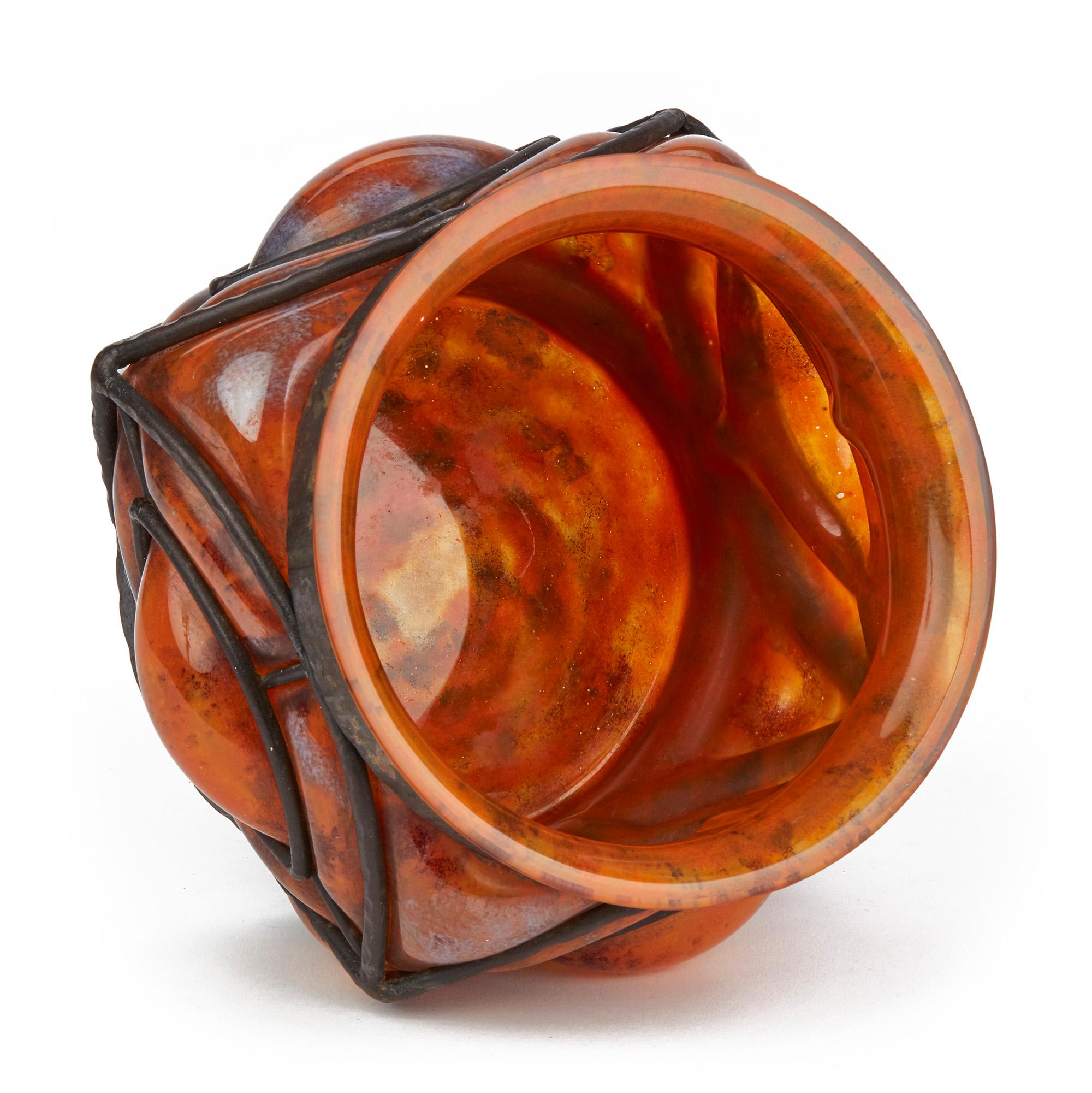 French Daum & Louis Majorelle Early Wrought Iron Mounted Orange Glass Bowl, circa 1910 For Sale
