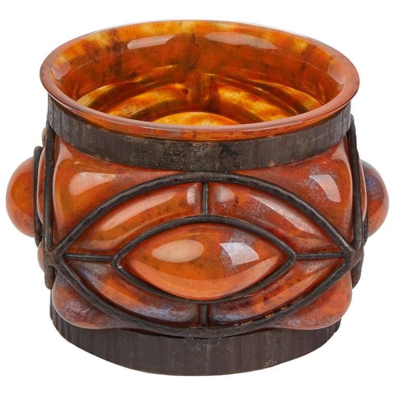 Daum and Louis Majorelle Early Wrought Iron Mounted Orange Glass Bowl,  circa 1910 For Sale at 1stDibs