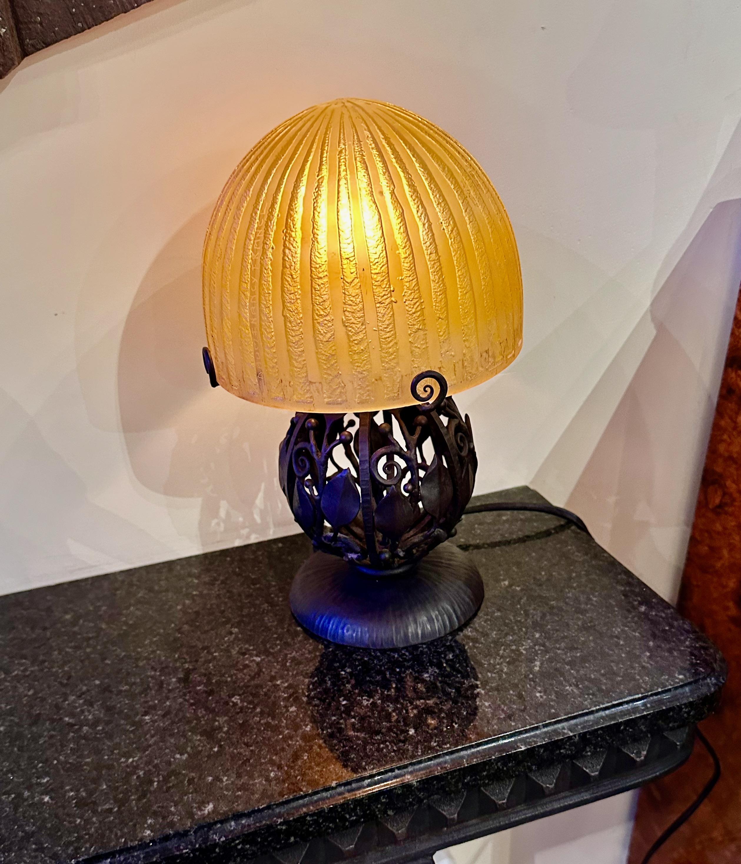 Daum Nancy Art Deco Globe Iron Table Lamp Circa 1925 signed L Katona For Sale 4