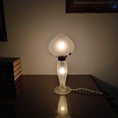 Daum Nancy Art Deco Table Lamp, Etched Colorless Smoky Glass, Wrought Iron 1930s