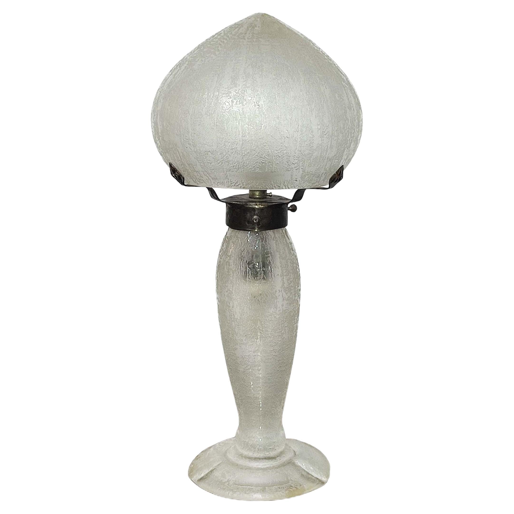 Daum Nancy Art Deco Table Lamp, Etched Colorless Smoky Glass, Wrought Iron 1930s en vente