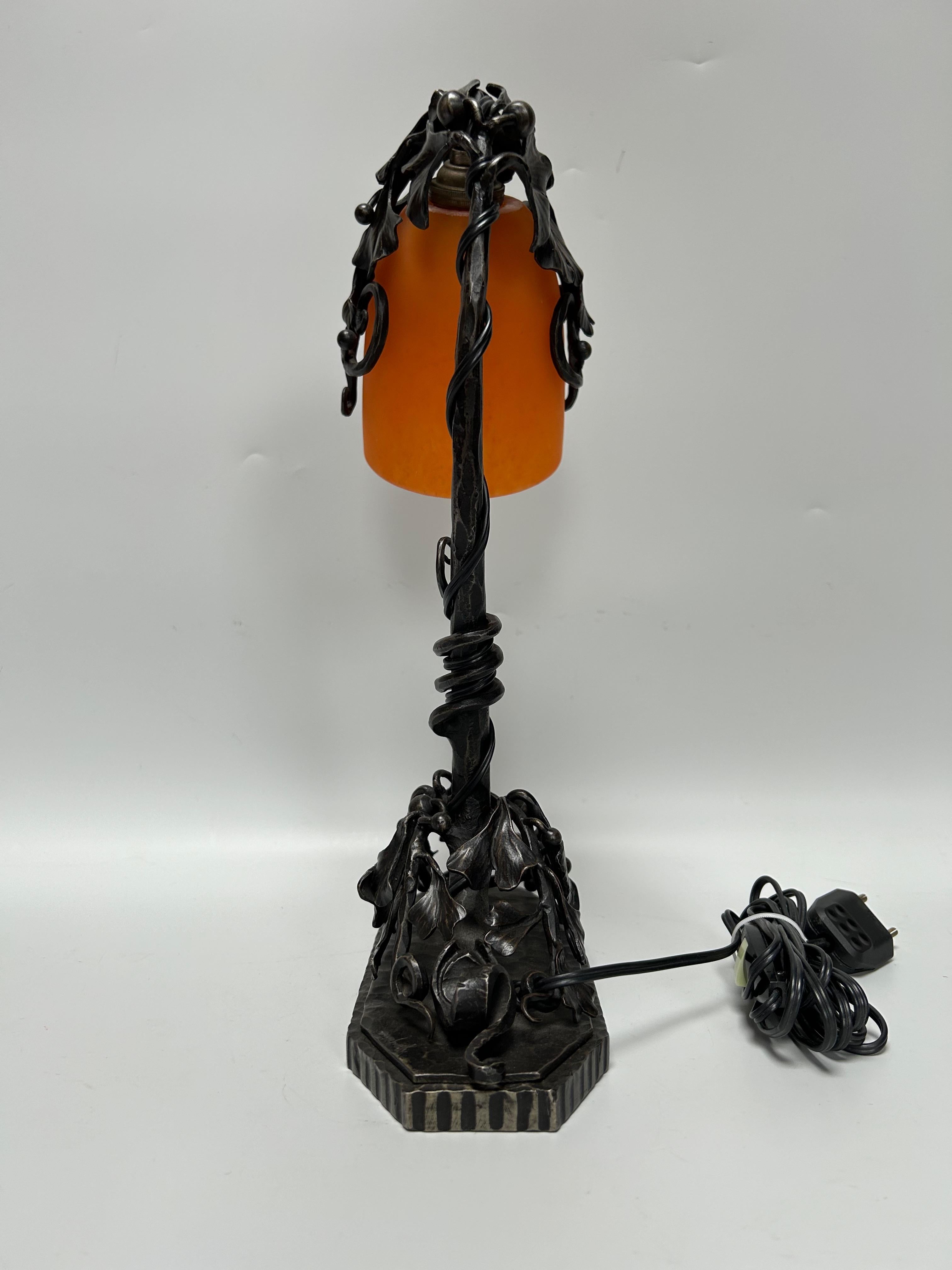 Daum Nancy Art Deco Wrought Iron Lamp For Sale 6