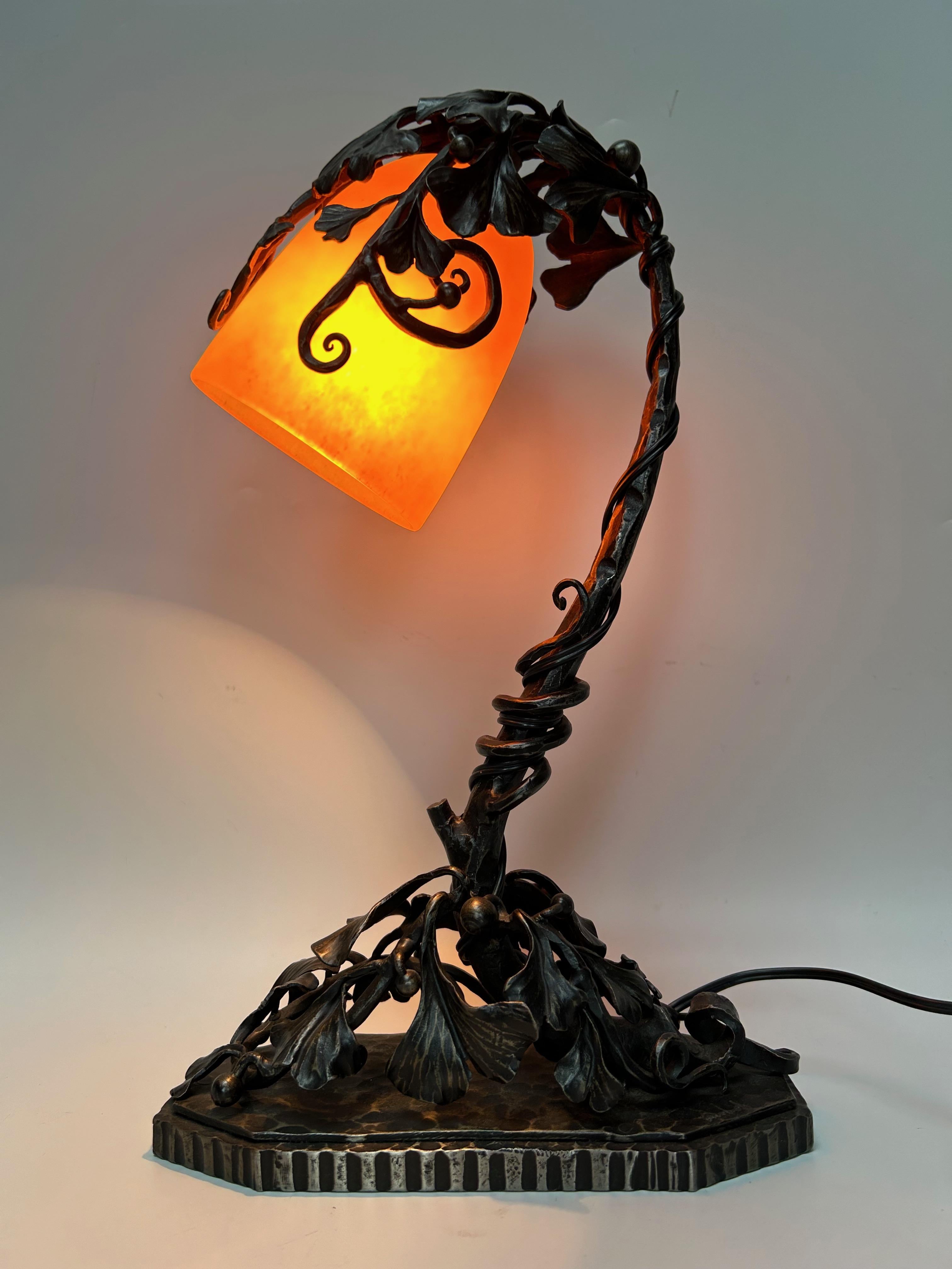 Daum Nancy Art Deco Wrought Iron Lamp For Sale 7