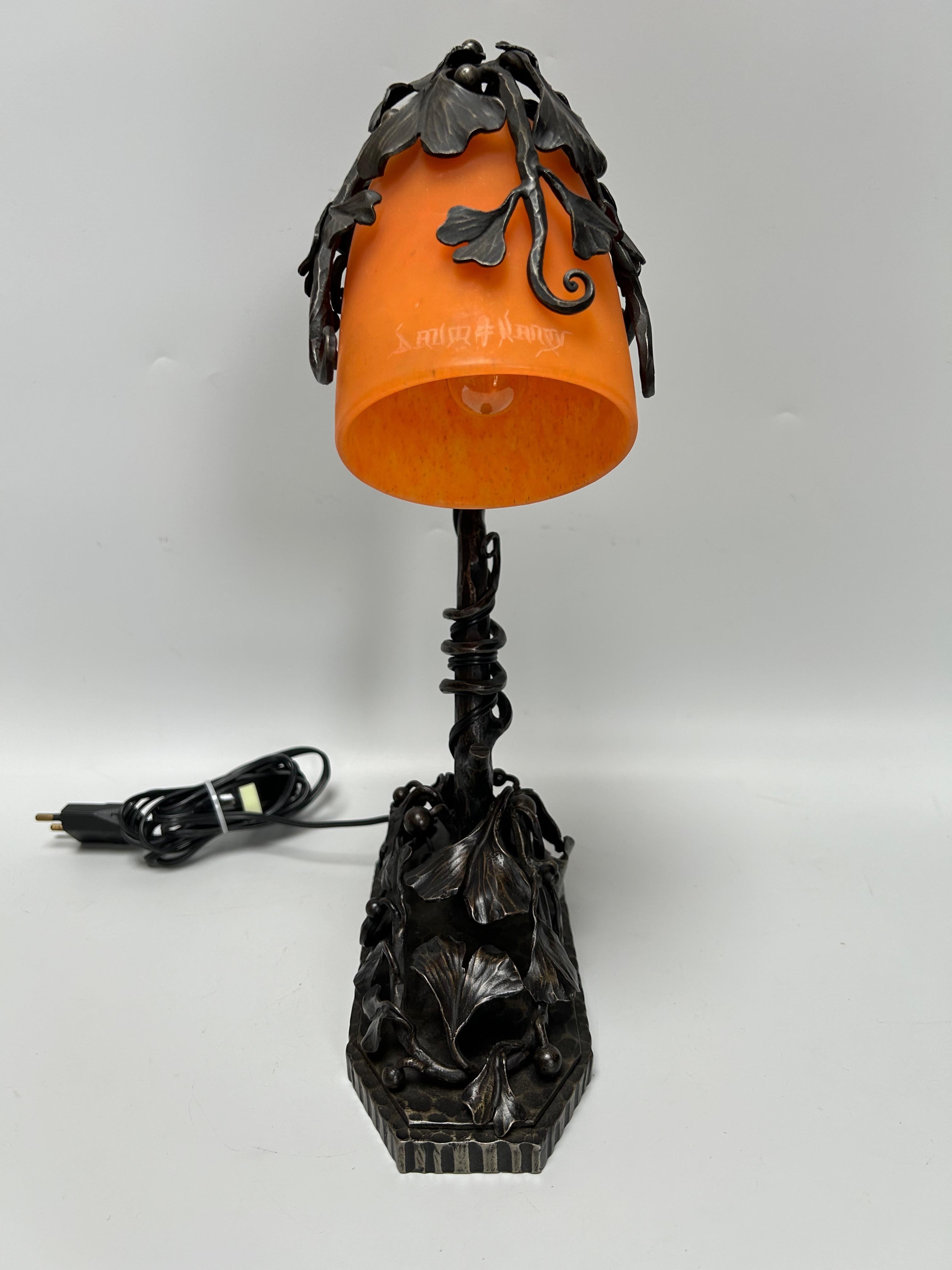 Early 20th Century Daum Nancy Art Deco Wrought Iron Lamp For Sale