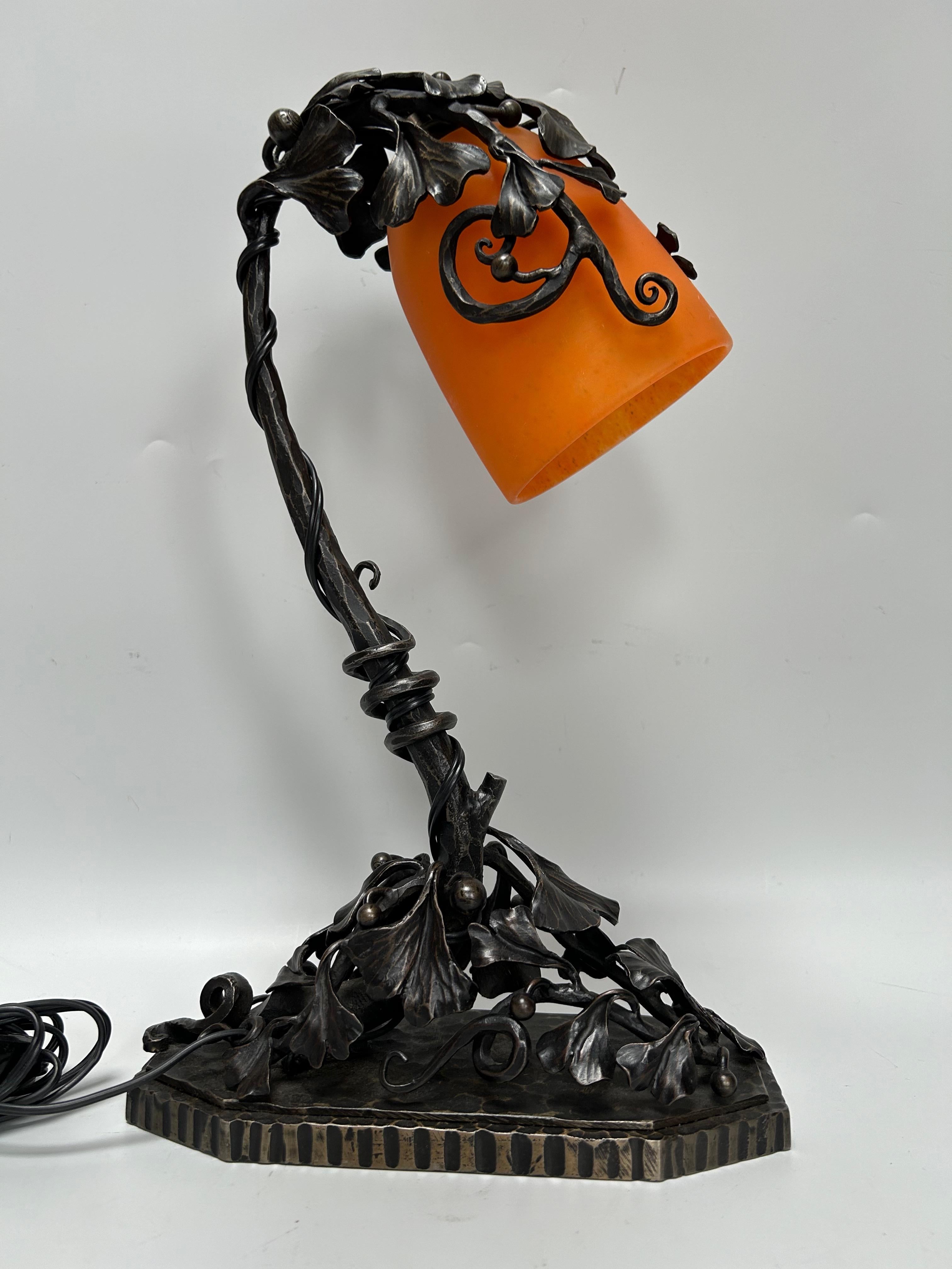 Daum Nancy Art Deco Wrought Iron Lamp For Sale 1