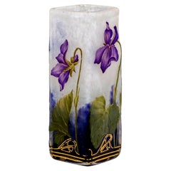 Daum Nancy Art Nouveau Angular Vase with Violet and Gold Decor France 1890/95