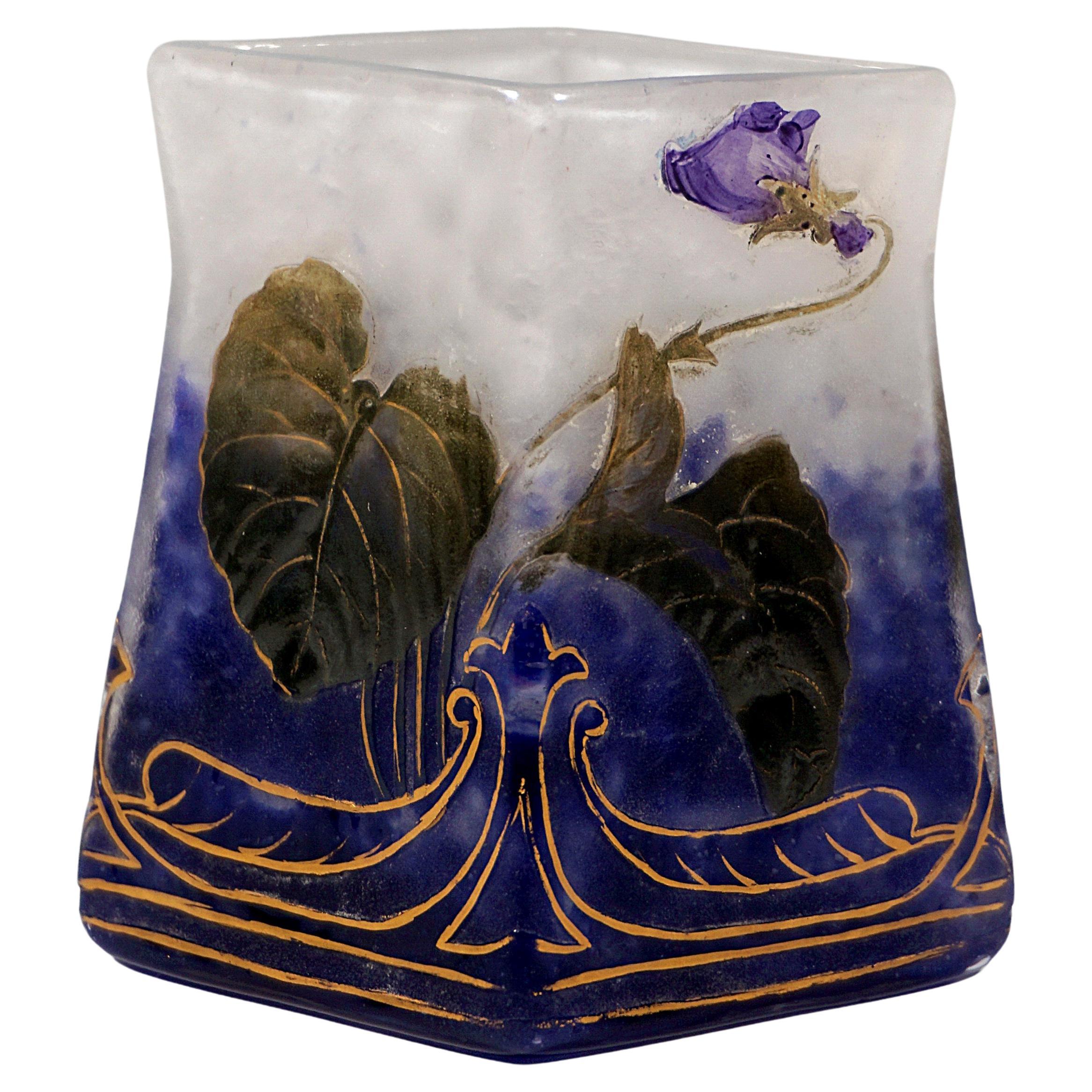 Daum Nancy Art Nouveau Angular Vase with Violet and Gold Decor, France, ca 1904