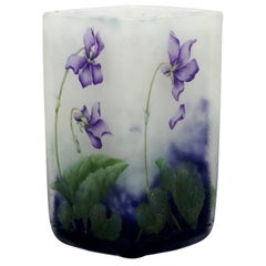 Daum Nancy Art Nouveau Angular Vase with Violet Decor, France, 1900-1905