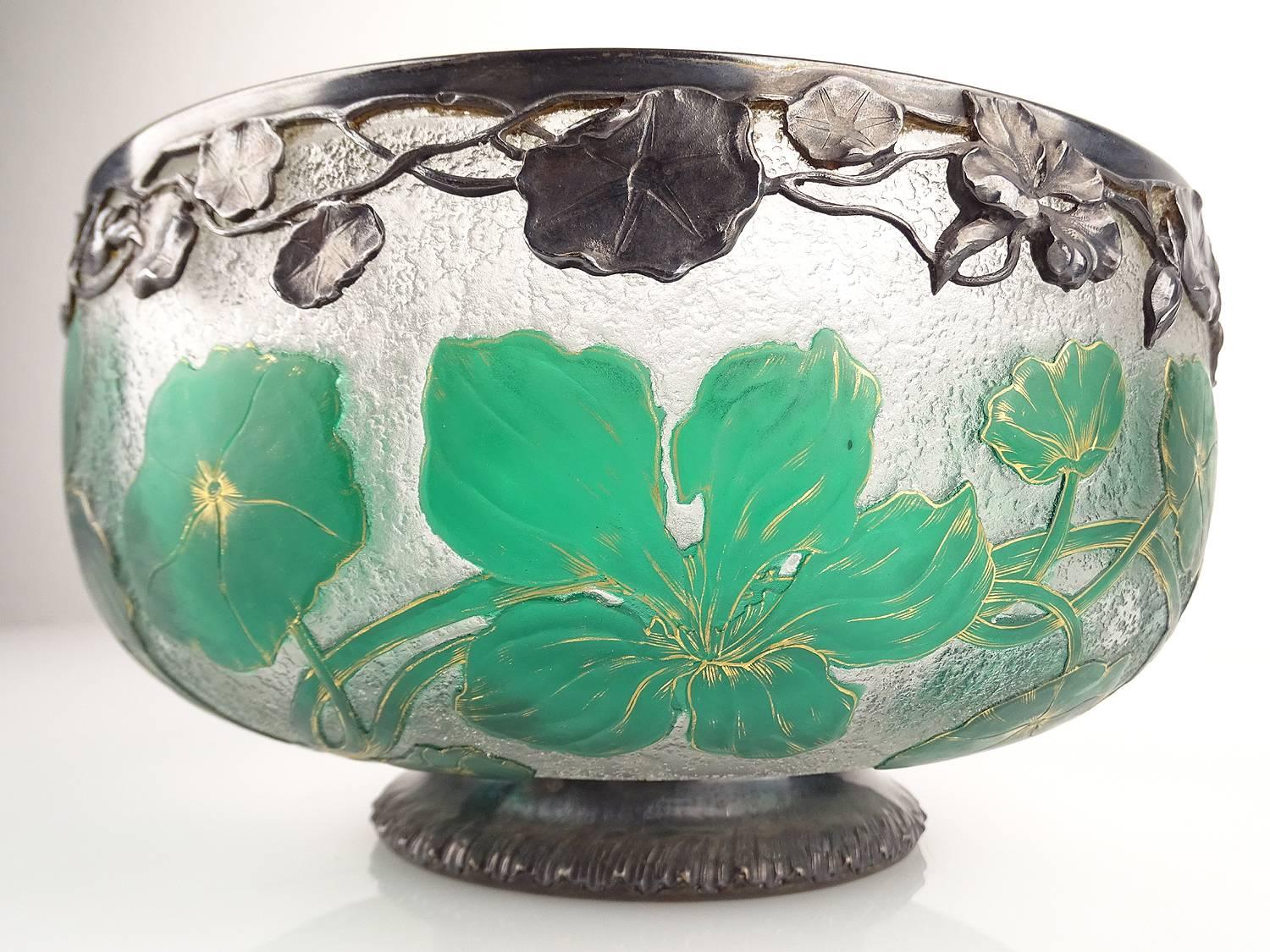 Art Nouveau 1930s Art  Deco Daum Nancy Glass Bowl, Silver Overlay  For Sale