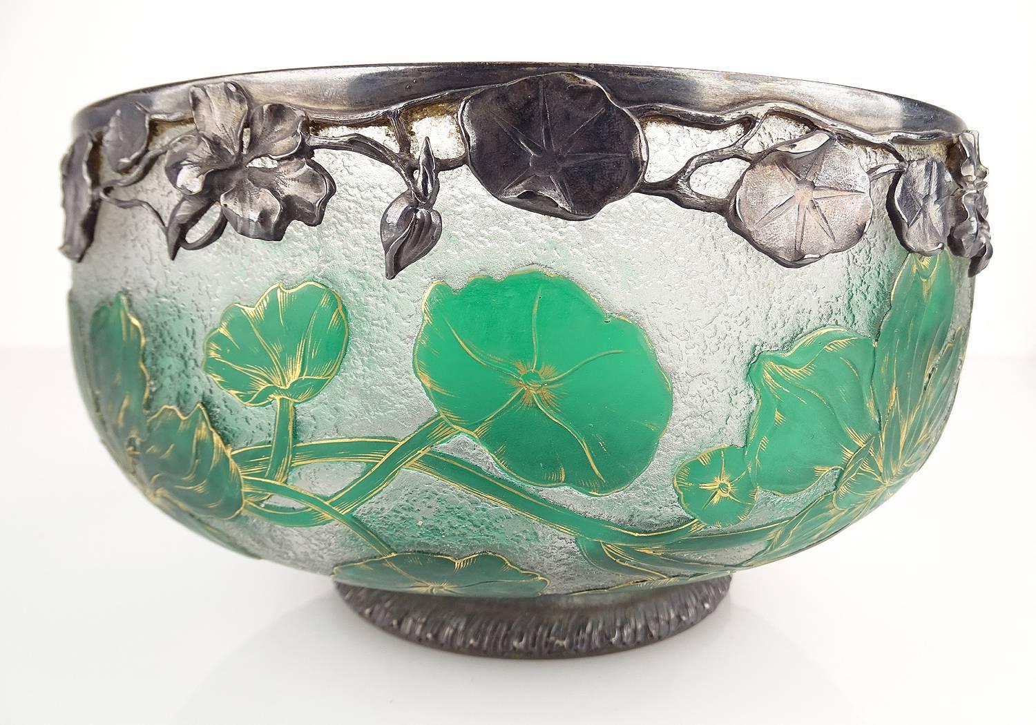 French 1930s Art  Deco Daum Nancy Glass Bowl, Silver Overlay  For Sale