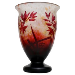 Daum Nancy Art Nouveau Cameo Floral Red Footed Vase, 1920