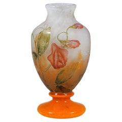 Daum Nancy Art Nouveau Cameo Vase Glass with Sweat Pea Decor, France, Ca 1910