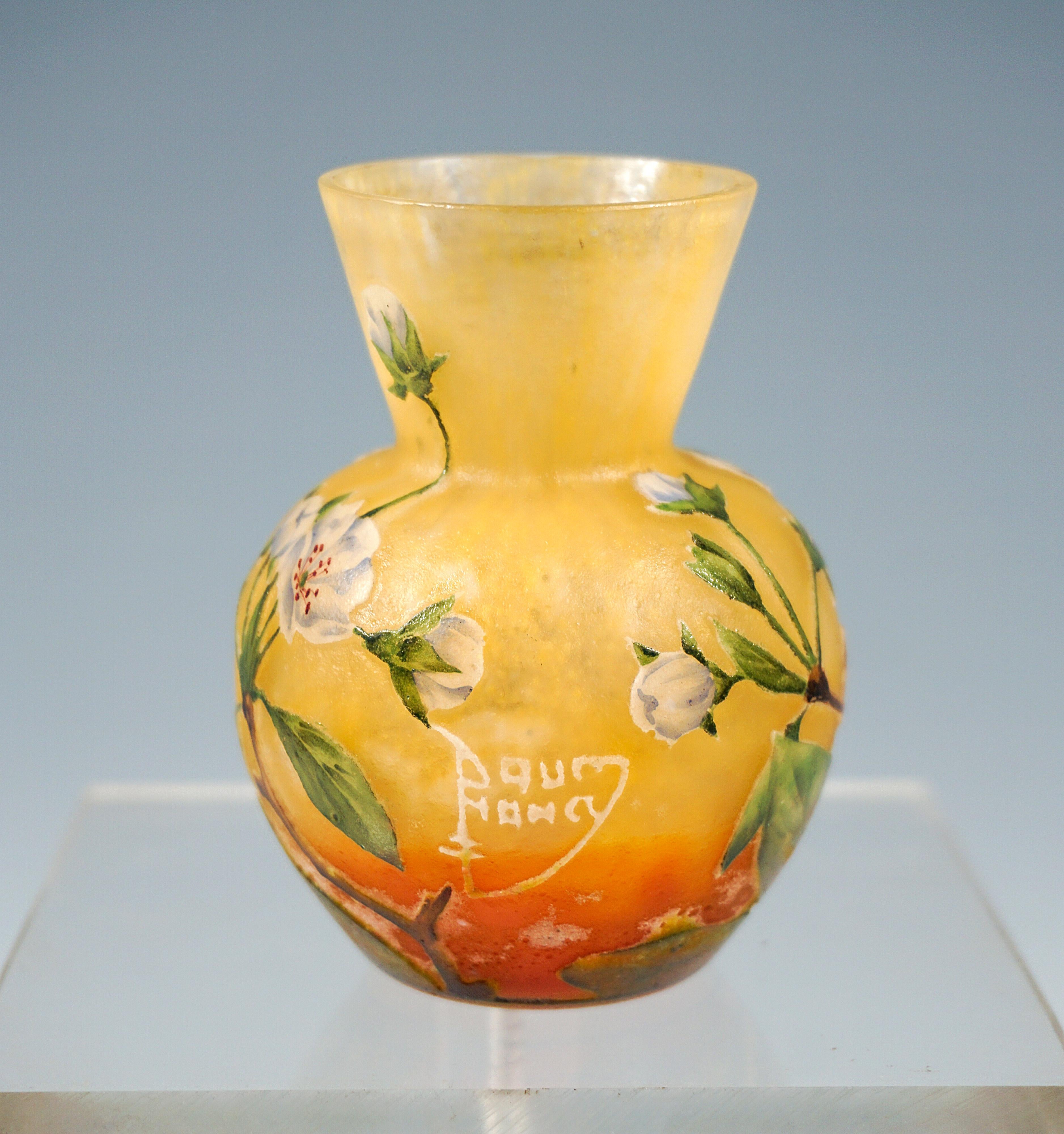 French Daum Nancy Art Nouveau Cameo Vase with Apple Blossoms Decor France circa 1910 For Sale