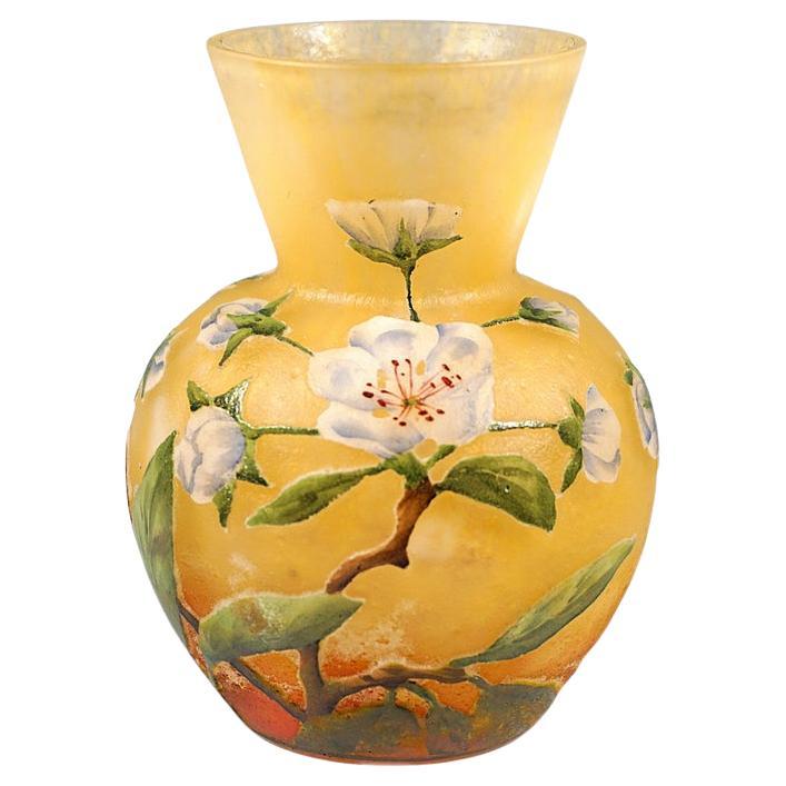 Daum Nancy Art Nouveau Cameo Vase with Apple Blossoms Decor France circa 1910