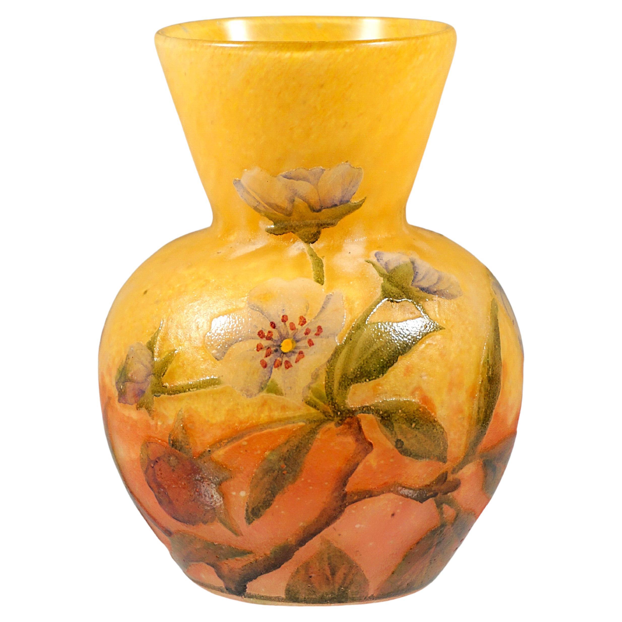 Daum Nancy Art Nouveau Cameo Vase With Strawberry Blossoms Decor France ca 1910 For Sale