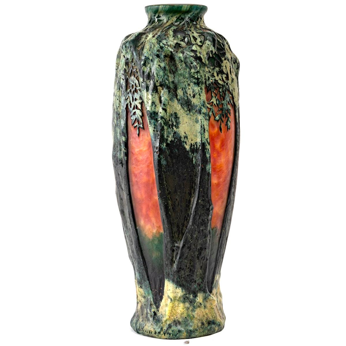 Molded Daum Nancy Art Nouveau Vase Multilayer Blown Glass Acid Etched Trees and Village