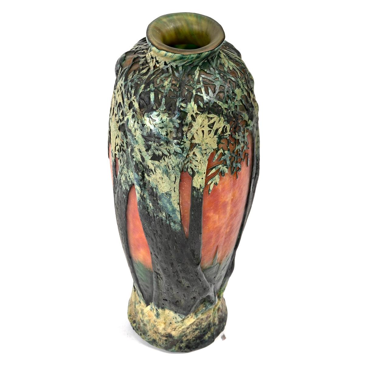 Early 20th Century Daum Nancy Art Nouveau Vase Multilayer Blown Glass Acid Etched Trees and Village