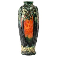 Daum Nancy Art Nouveau Vase Multilayer Blown Glass Acid Etched Trees and Village