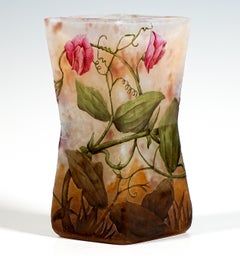 Daum Nancy Art Nouveau Vase, Pois De Senteur, Sweet Pea Decor, France, Ca 1900