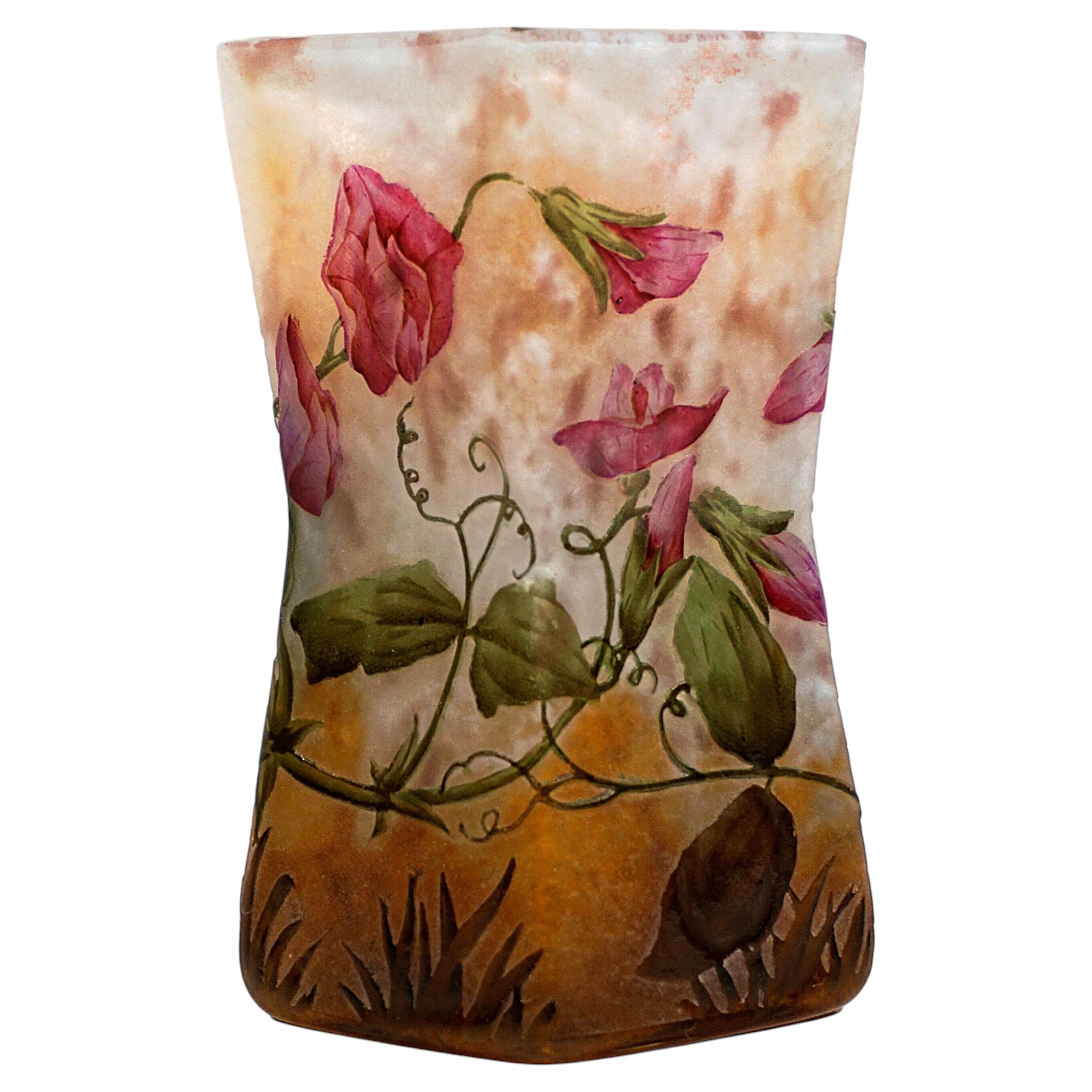 Pre-owned Daum Nancy Art Nouveau Vase, Pois De Senteur, Sweet Pea Decor, France, Ca 1900 In Brown