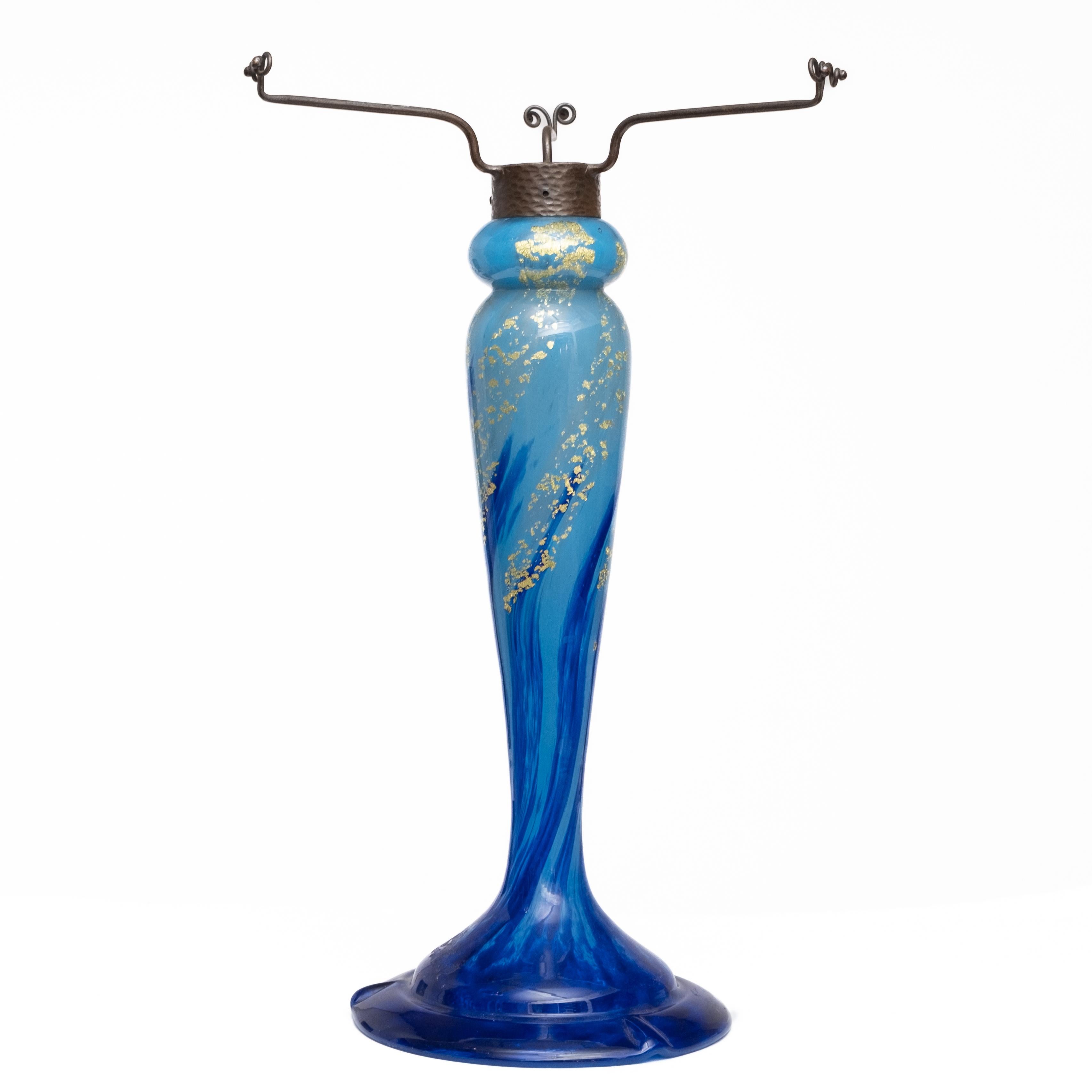 French Art Glass Table Lamp. circa 1920  No apparent signature from the collection of noted collector and respected gallery owner, Kenneth Dukoff  of Niagara Falls, NY
 tones of blue art glass enhanced with gold leaf flakes