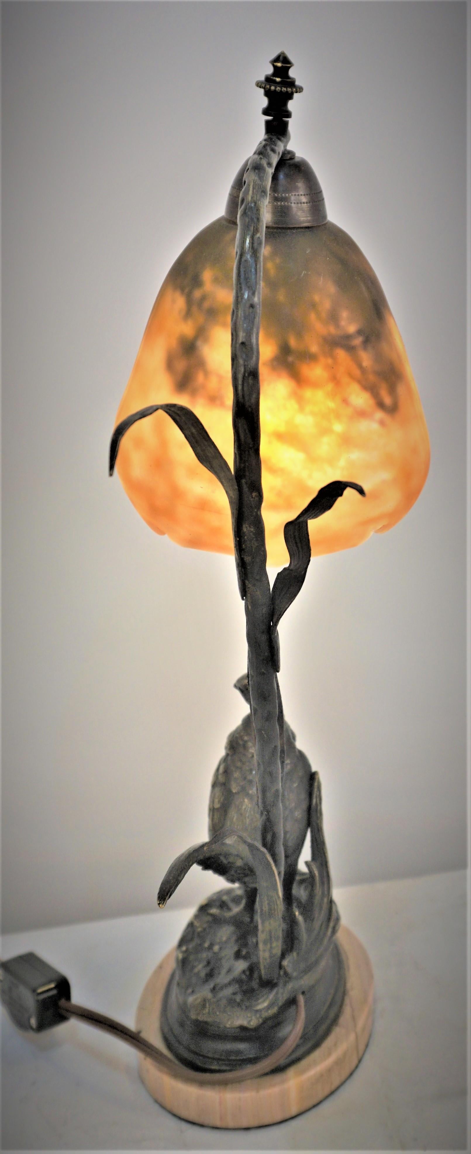 Daum Nancy Blown Glass and Bronze Bird Table Lamp 3