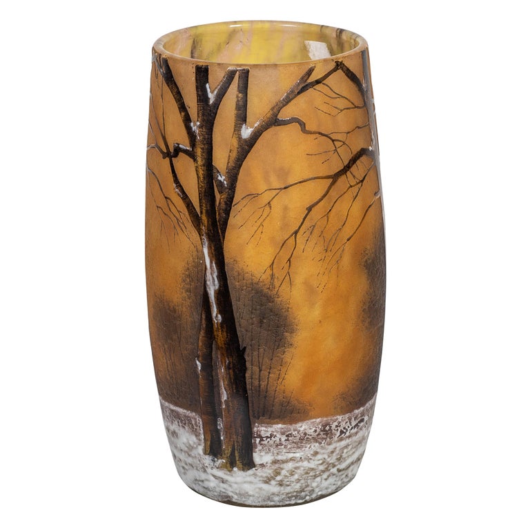 Daum Nancy Cameo And Enamel Winter Landscape Glass Vase For Sale