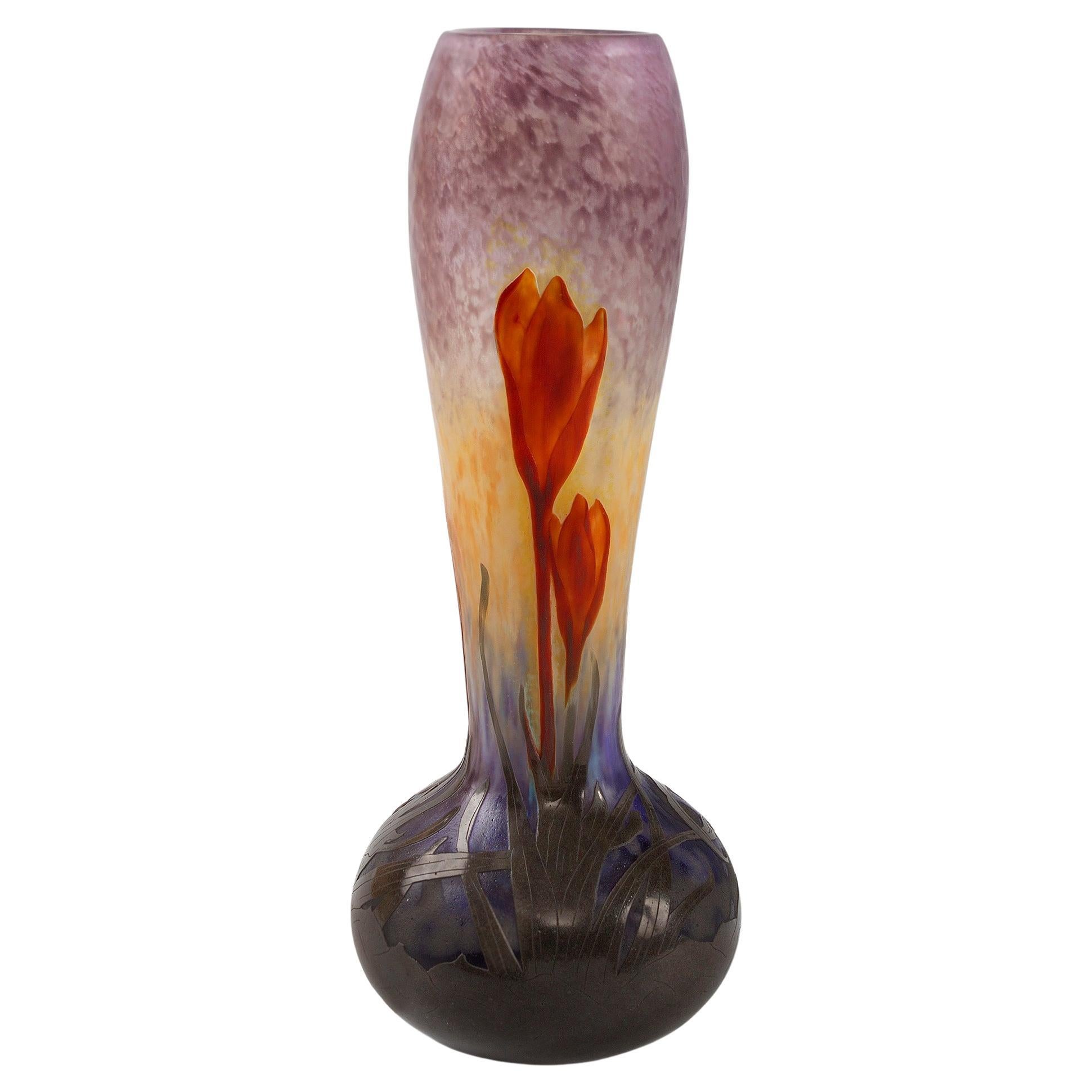 Daum Nancy Cameo and Martelé Glass "Crocus" Vase For Sale