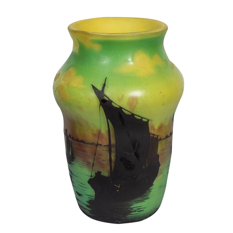 Early 20th Century Daum Nancy Cameo Glass Vase, Decorated with Ancient Chinese Sailing Ships For Sale