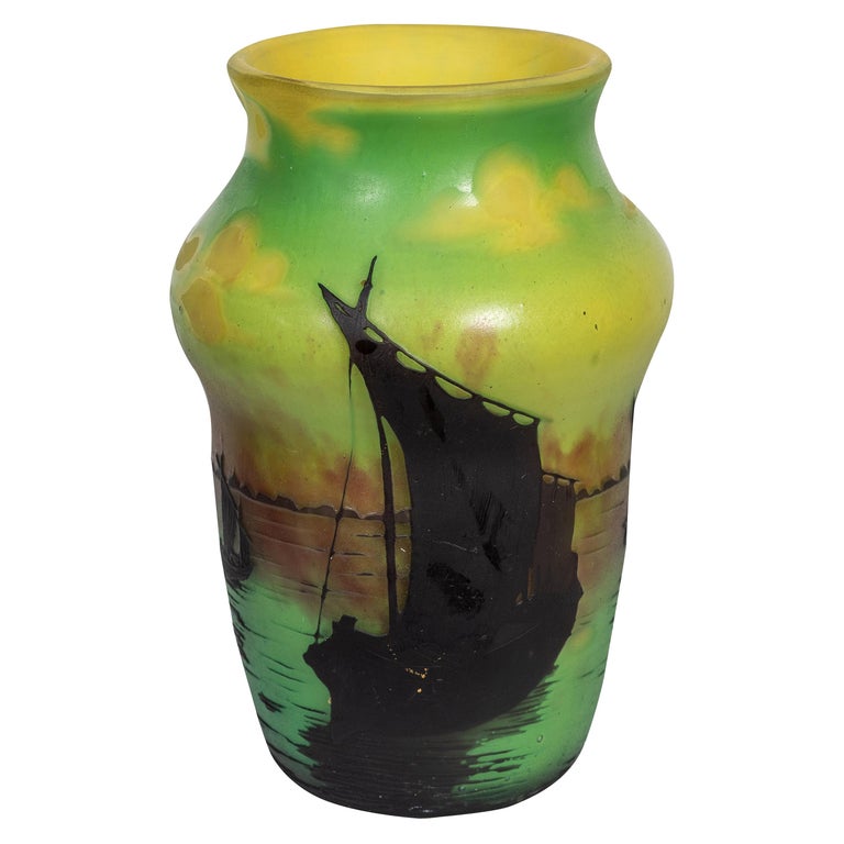 Daum Nancy Cameo Glass Vase, Decorated with Ancient Chinese Sailing Ships For Sale