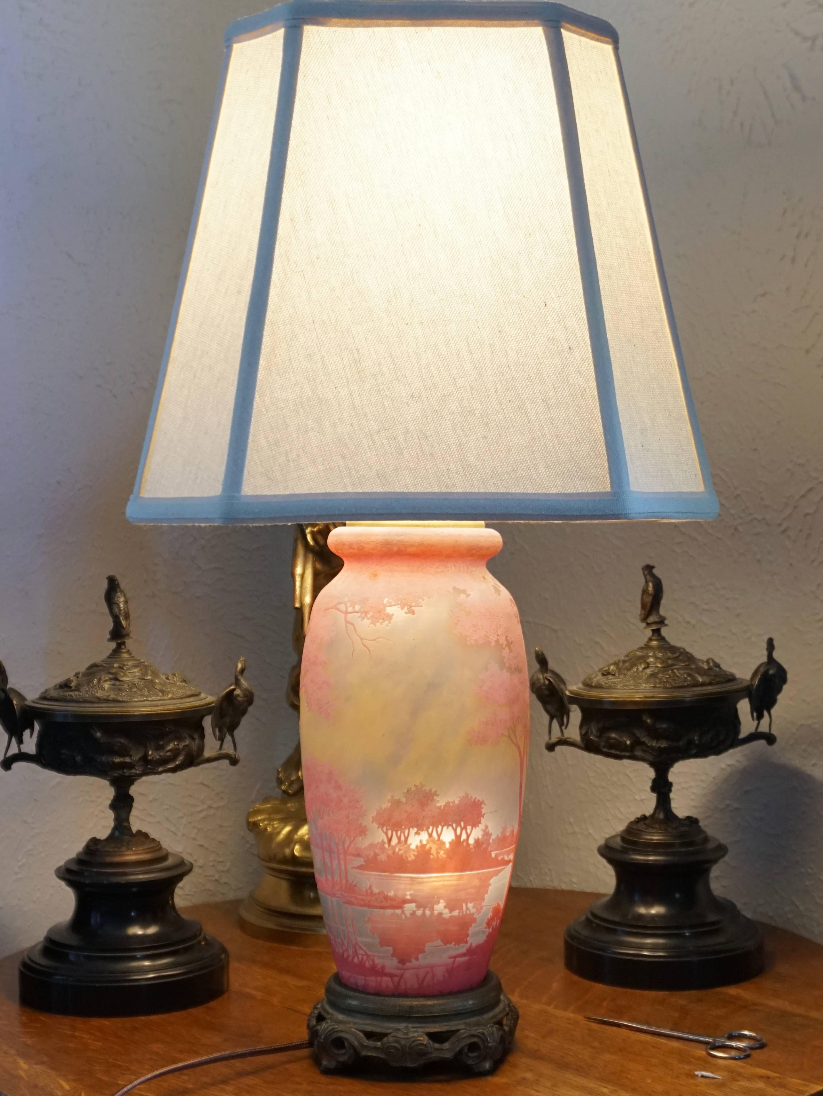 Buriné Lampe vase rose à motif de paysage camée Daum Nancy en vente