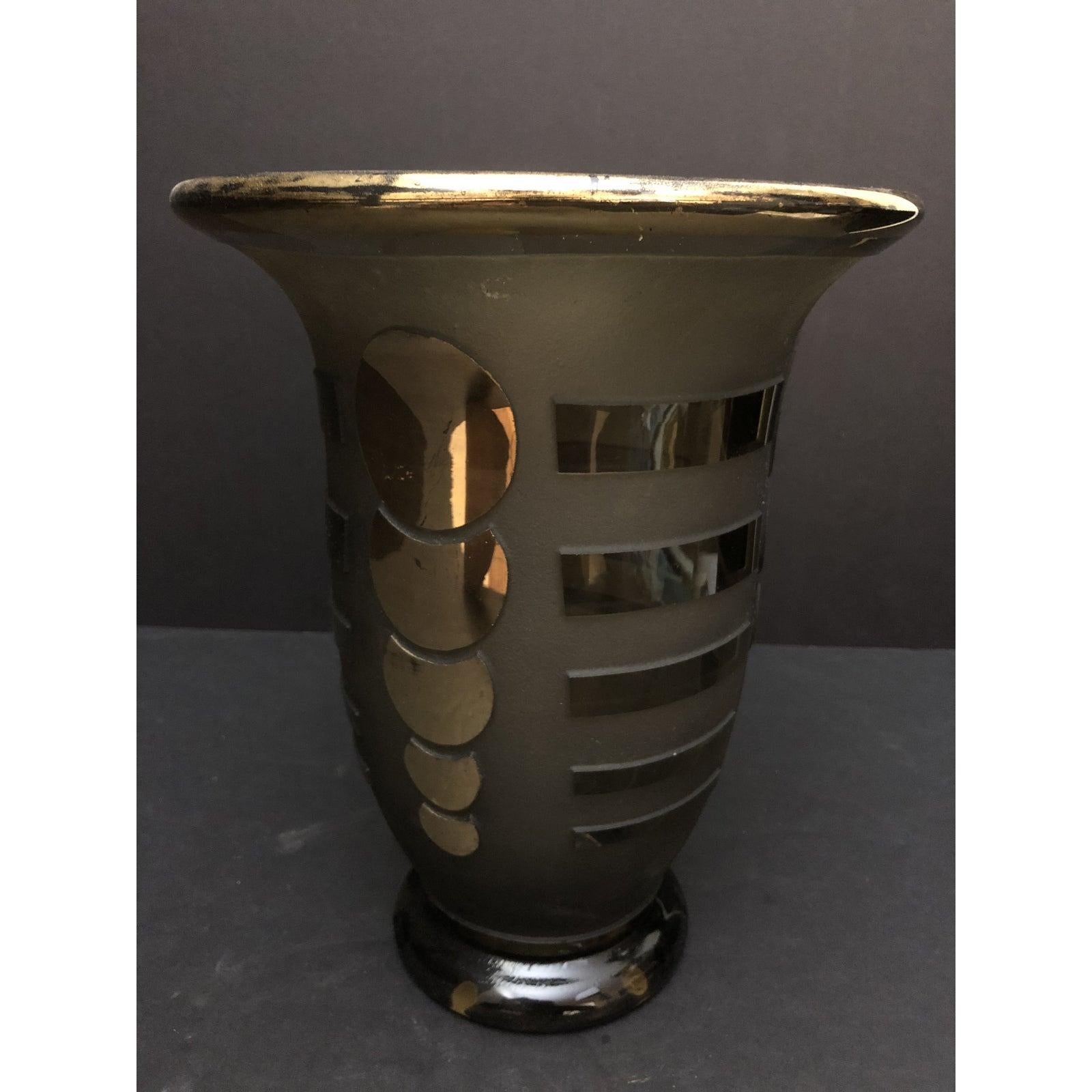Daum Nancy Deep Cut Art Deco Glass Vase. Rare and unusual signed geometric pattern heavily acid cut and gilt vase. Textured and smooth surface. The color is a smoky grey green amber.