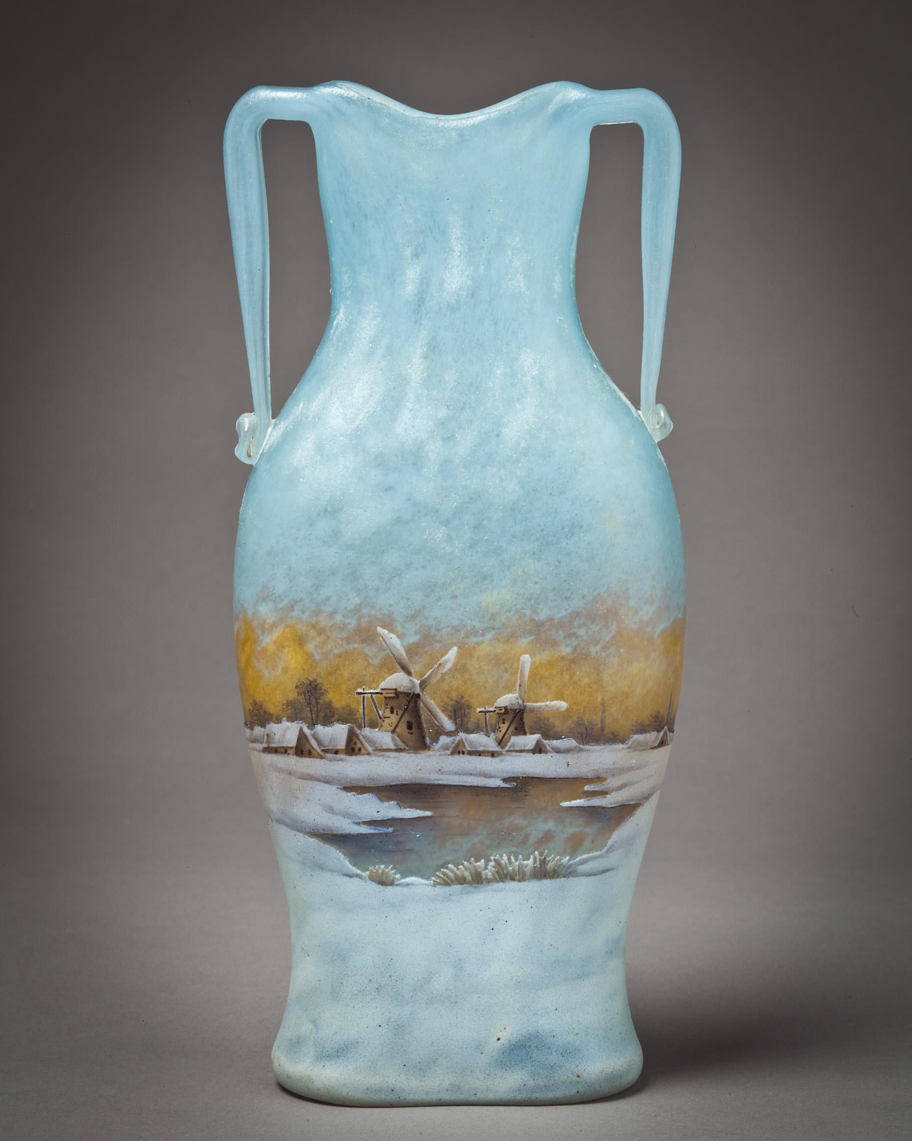 French Daum Nancy Dutch Landscape Vase, circa 1900 For Sale