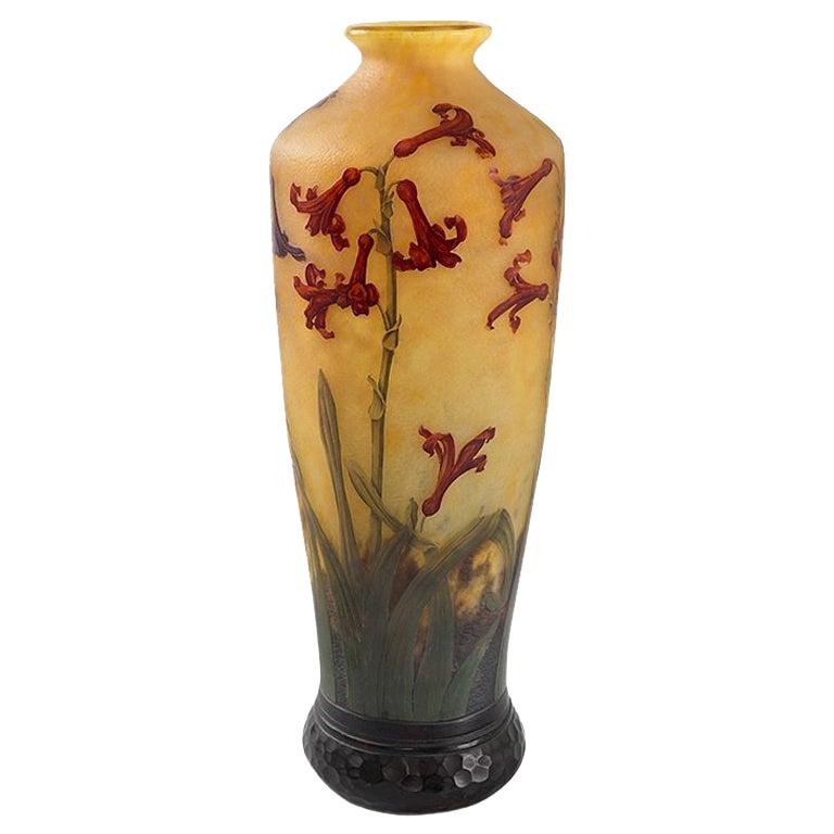 Daum Nancy Enameled and Etched Hyacinth Landscape Glass Vase